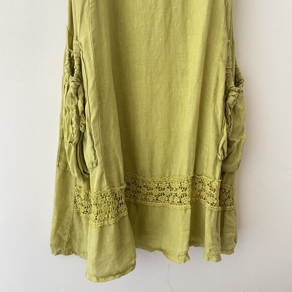 RARE Y2K Fairy Cottagecore Boho Linen Dress Green Beaded Crochet Italy M - Picture 8 of 11